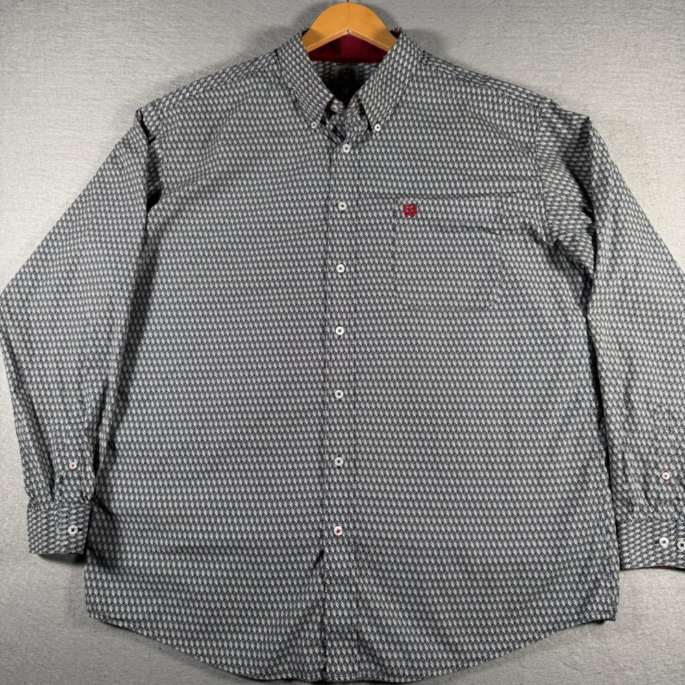 Cinch Mens XL Long Sleeve Button Down Shirt Geometric‎ Diamond Print Black Red